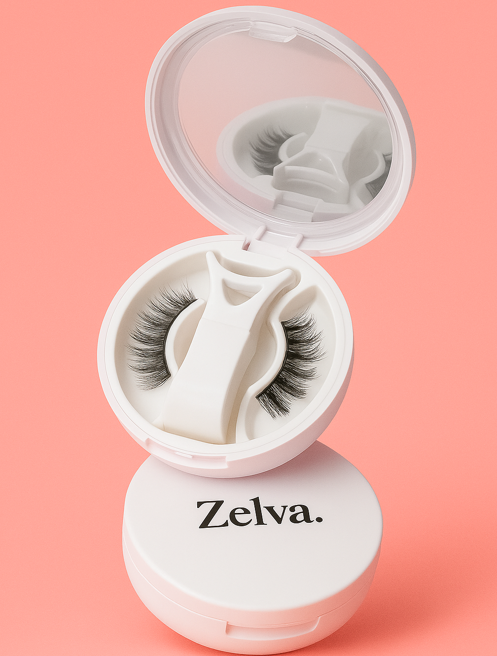 Zelva false eyelashes in a compact case on a pink background